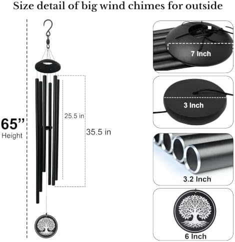 65" Extra Large Wind Chimes for Outside, 6 Tubes Thick & Bold Aluminum - Image 2