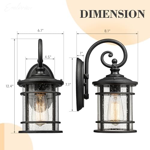 Emliviar Modern Porch Lights 2 Pack - Outdoor Wall Light Fixtures Wall Mount for Garage, Black Finish with Seeded Glass Shade, XE229B-S-2PK BK - Image 6
