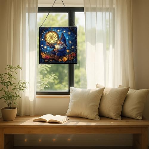 Gnome with Dreamcatcher Stained Glass Suncatcher – Square Hanging Window Panel for Home or Greenhouse – Whimsical Glass Art Gift for Garden Lovers, Christmas, Halloween, Father Days lkrjZa - Image 7
