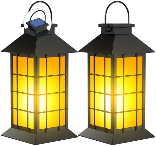 2 Pack 13" Black Solar Lantern with Flickering Flame Candle | Outdoor Waterproof Hanging Solar Lanterns, Metal & Glass Lights for Garden Decoration, Rustic Gifts for Mom by anyperfect