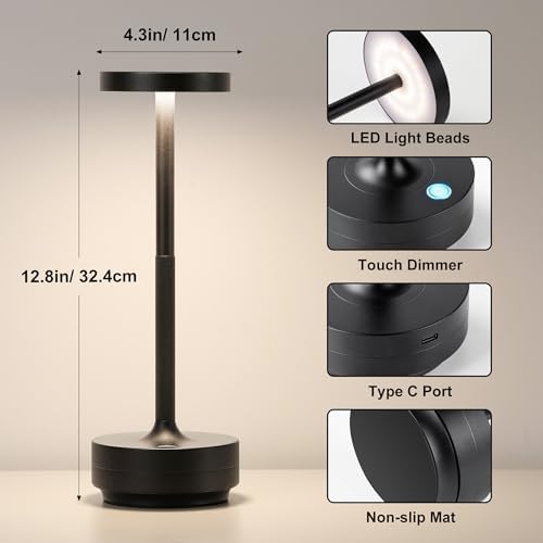 Cordless Table Lamp Rechargeable, 72h Battery Powered Table Light, Black - Image 5