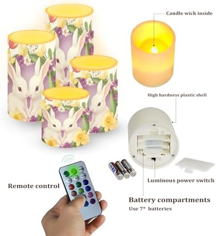 Set of 4 Flameless Candles with Remote Boho Floral Bunny Battery Operated Candles with Timer Flickering LED Elictric Pillar Lights for Indoor Outdoor Porch Lanterns Wedding Home Decor - Image 2