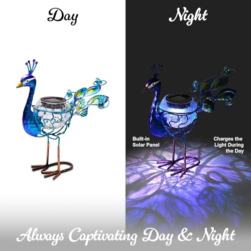 G128 Solar Metal Peacock Garden Statue | 12 Inch Waterproof Peacock Yard Art with Solar-Powered Light for Lawn, Patio, and Backyard - Image 3