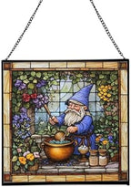 Gnome Making soap Stained Glass Suncatcher – Square Hanging Window Panel for Home, Garden, Nursery, Halloween, Christmas, Memorial Day – Whimsical Glass Art Gift for Gnome Lovers 03xua6 by Custom