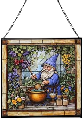 Gnome Making soap Stained Glass Suncatcher – Square Hanging Window Panel for Home, Garden, Nursery, Halloween, Christmas, Memorial Day – Whimsical Glass Art Gift for Gnome Lovers 03xua6 by Custom