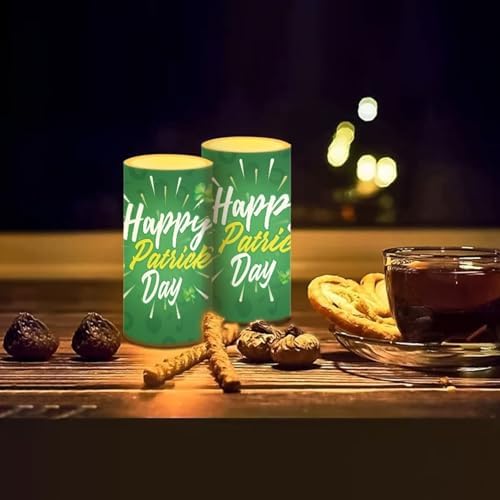 Pack of 2 Happy St Patrick's Day Flameless Candles Battery Operated Candles with Remote and Timers Flickering LED Elictric Pillar Tealights for Party Patio Porch Decorations - Image 7