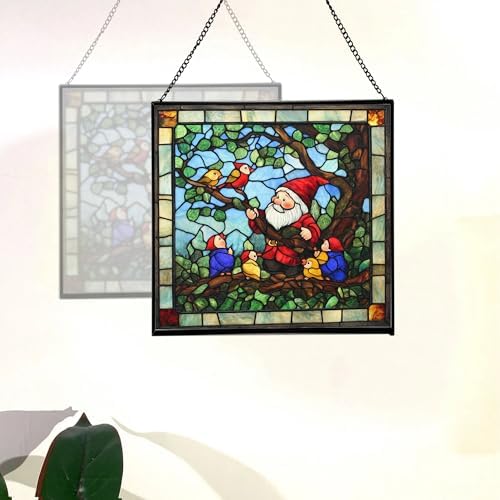 Gnome with Baby Birds Stained Glass Suncatcher – Square Hanging Window Panel for Home, Garden, Nursery, Halloween, Christmas, Memorial Day – Whimsical Glass Art Gift for Gnome Lovers 4u5en2 - Image 4
