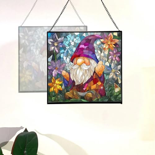 Gnome with Crystal Flowers Stained Glass Suncatcher – Square Hanging Window Panel for Home or Greenhouse – Whimsical Glass Art Gift for Garden Lovers, Christmas, Halloween, Father Days L3qupH - Image 4
