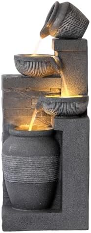 Grepatio Outdoor 4-Tiers Water Fountain, Garden Cascading Waterfalls Fountain with LED Lights, 32" H Modern Indoor/Outdoor Bowl Waterfall Feature Water Fountains for Garden, Patio, Yard Decor (Grey) - Image 6