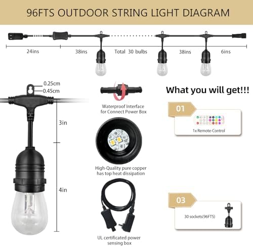 GANA Outdoor String Lights, Patio Lights 96FT Music Flash RGBW Colourful, Safe 12V Low Voltage LED Shatterproof Bulbs Connectable, Heavy Duty Wire IP65 Waterproof Level, for Courtyards Bistro - Image 3