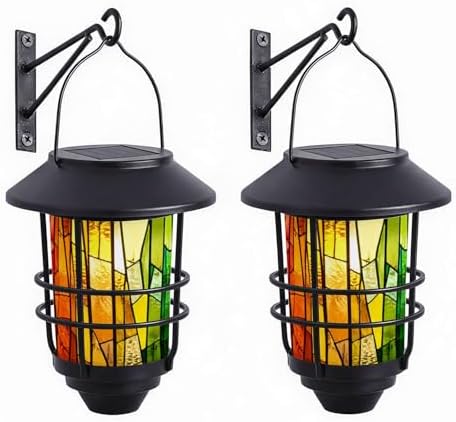 Solar Lanterns Outdoor Hanging Lights Colorful Stained Glass Window Glass Wall Lantern 2 Pack, Waterproof Decorative Solar Sconce with Wall Mount Kit for Garden Porch Fence Chicken Coop Summer Decor - Image 7