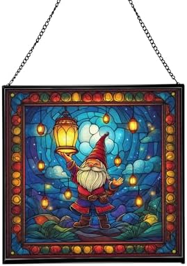 Lantern Festival Gnome Stained Glass Suncatcher – Square Hanging Window Panel for Home or Greenhouse – Whimsical Glass Art Gift for Garden Lovers, Christmas, Halloween, Father Days GMYY93 by Custom