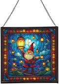 Lantern Festival Gnome Stained Glass Suncatcher – Square Hanging Window Panel for Home or Greenhouse – Whimsical Glass Art Gift for Garden Lovers, Christmas, Halloween, Father Days GMYY93 by Custom