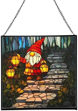 Lantern Path Gnome Stained Glass Suncatcher – Square Hanging Window Panel for Home or Greenhouse – Whimsical Glass Art Gift for Garden Lovers, Christmas, Halloween, Father Days 53PQ0z by Custom
