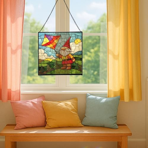 Kite String Gnome Stained Glass Suncatcher – Square Hanging Window Panel for Home or Greenhouse – Whimsical Glass Art Gift for Garden Lovers, Christmas, Halloween, Father Days Mjhqbn - Image 5