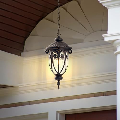 Vintage Bronze Outdoor Pendant Lights for Porch, 20 1/2" High Exterior Hanging Light Fixture with Adjustable Chain, Outside Ceiling Lantern with Seeded Glass for Patio, Entryway - Image 2