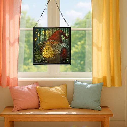 Firefly Jar Gnome Stained Glass Suncatcher – Square Hanging Window Panel for Home or Greenhouse – Whimsical Glass Art Gift for Garden Lovers, Christmas, Halloween, Father Days 4zcs2j - Image 5