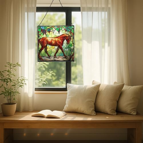 Chestnut Trakehner Horse Walking Beneath Vineyard Canopy Square Suncatcher – Stained Glass Style Window Panel with Pastoral Scene, Custom Decorative Hanging Art for Equestrian Home, Christmas Wq9NnE - Image 7