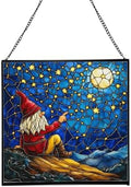 Gnome Stargazing Hill Stained Glass Suncatcher – Square Hanging Window Panel for Home or Greenhouse – Whimsical Glass Art Gift for Garden Lovers, Christmas, Halloween, Father Days CS5nfH by Custom