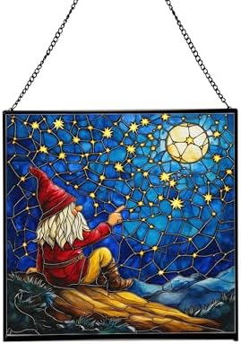 Gnome Stargazing Hill Stained Glass Suncatcher – Square Hanging Window Panel for Home or Greenhouse – Whimsical Glass Art Gift for Garden Lovers, Christmas, Halloween, Father Days CS5nfH by Custom