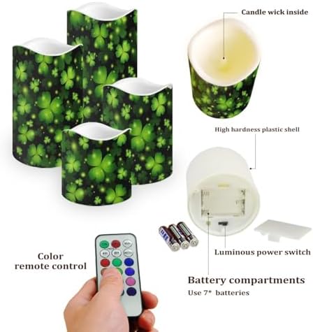 Green Leaf Pattern Flameless Candles LED Pillar Candles Battery Operated Candles with Remote and Timers Color Changing Electric Fake Plastic Candles St. Patrick's Day Decor - Image 3