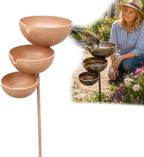Rain Catcher Bird Bath for Outdoors, 3-Tier Metal Garden Stake Bird Bath, Rustic Rainwater Catcher Garden Decor, Bird & Butterfly Water Station for Yard, Patio, Flower Bed, Lawn and Garde (Copper) by Unknown