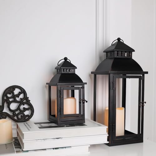 LED Lanterns Decorative Outdoor&Indoor, Set of 2 (17’’&11’’) Large Black Metal Lantern Decor with bronze brush, Candle Holder for Porch, Patio, Garden, Balcony, Wedding Decorations (No Glass) by DECORKEY