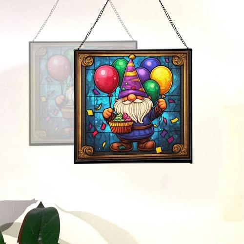 Birthday Balloon Gnome Stained Glass Suncatcher – Square Hanging Window Panel for Home or Greenhouse – Whimsical Glass Art Gift for Garden Lovers, Christmas, Halloween, Father Days mKbNDa - Image 4