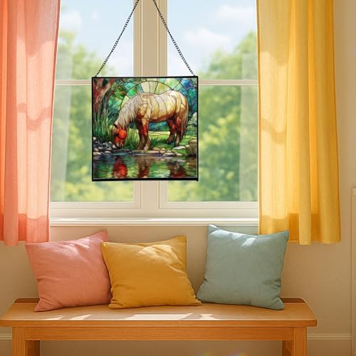 Palomino Rocky Mountain Horse grazing beside shallow stream Square Suncatcher –Stained Glass Style Window Panel with Pastoral Scene, Custom Decorative Hanging Art for Equestrian Home, Christmas cmdrvG - Image 5