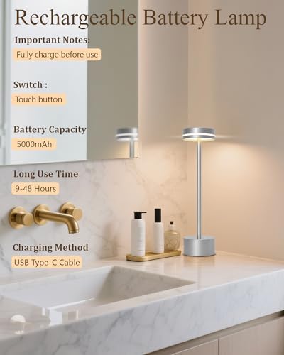 2 Pack LED Cordless Table Lamp Rechargeable, 5000mAh Portable Battery Operated LED Desk Lamp, 3 Color Dimmable Table Light for Reading/Home Office/Dining/Nightstand for Home Décor – Silver - Image 5