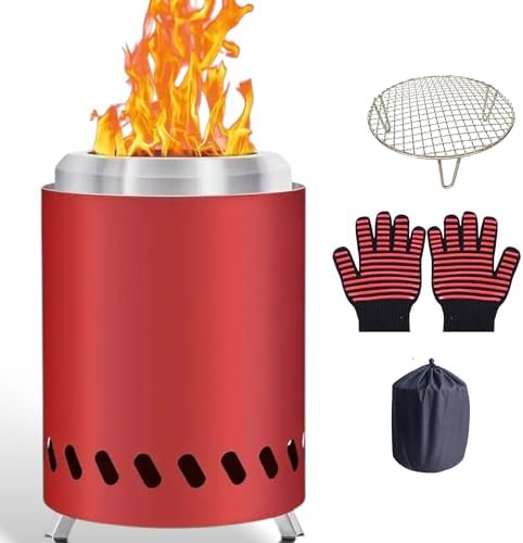 Red Tabletop Fire Pit - Portable Outdoor Camping Stove with Heavy-Duty Grill Grate & True Heat-Resistant Gloves, Low Smoke for Patio & Camping by Unknown
