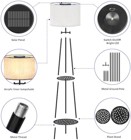 Solar Outdoor Floor Lamp with Plant Shelves, Waterproof Solar Standing Lamp for Patio Porch Garden Yard, Auto On/Off Warm LED Floor Light with 2-Tier Plant Stand, Cordless Outdoor Decor Lighting - Image 6