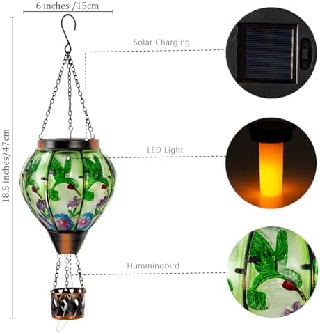 Starsoul Hummingbird Hot Air Balloon Solar Lantern with Candle Holder Glass Outdoor Solar Hot Air Balloon Flickering Flame for Lawn Porch Yard Decorations Gifts for Women Mom Grandma - Image 6