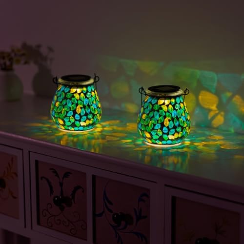 Starsoul 2 Pack Solar Lanterns Outdoor Waterproof, Unique Green Mosaic Glass Solar Garden Lights, Decorative Outdoor Lantern for Outside Patio Pathway Porch Yard Table - Image 6