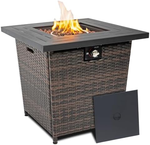 28'' Propane Fire Pit Table, 50,000 BTU Fire Table with Brown Wicker, Laval Rocks, Inclined Leg Design. by Senjoys