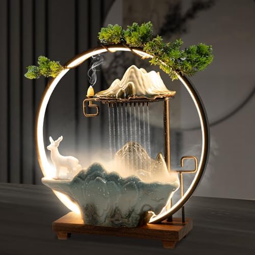 Tabletop Water Fountain Indoor Waterfall with LED Light Ring Backflow Incense Burner Mist Maker Zen Meditation Decor with Deer Statue for Home Office Desktop Relaxation Stress Relief - Image 3