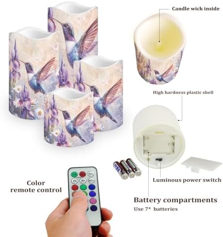 Purple Floral Hummingbird Flameless Candles with Timer and Color Changing Pillar Candles Battery Operated Tea Light Kitchen Dining House Decoration - Image 3