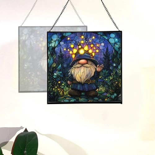 Firefly Crown Gnome Stained Glass Suncatcher – Square Hanging Window Panel for Home or Greenhouse – Whimsical Glass Art Gift for Garden Lovers, Christmas, Halloween, Father Days 8nQygN - Image 4