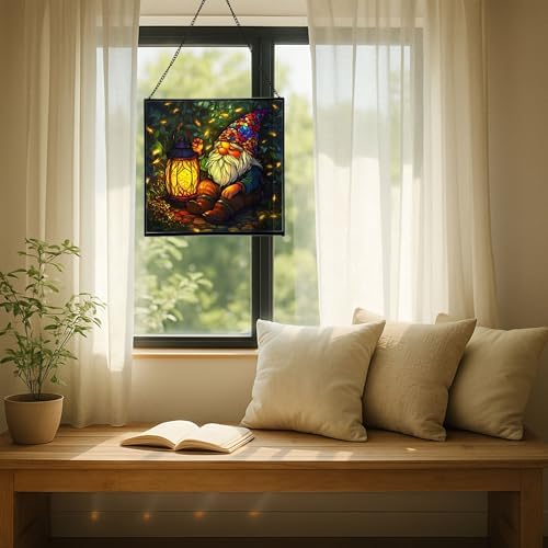 Lantern Gnome Glow Stained Glass Suncatcher – Square Hanging Window Panel for Home or Greenhouse – Whimsical Glass Art Gift for Garden Lovers, Christmas, Halloween, Father Days TWeAHz - Image 7