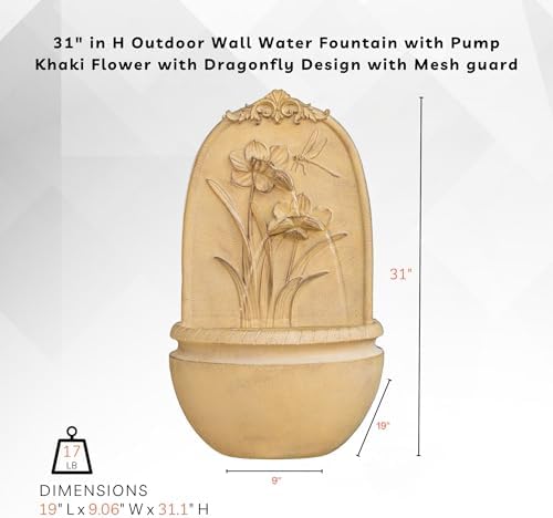 XBrand 31" in H Outdoor Wall Water Fountain with Pump- Khaki Flower with Dragonfly Design with Mesh Guard - Image 4