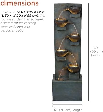 Alpine Corporation TZL364 39" 6-Tier Bowl Floor Fountain with Warm LED Lights, Outdoor Garden Waterfall, Decorative Water Feature for Patio, Backyard, and Lawn, Gray - Image 3
