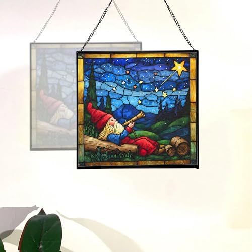 Gnome Stargazing Stained Glass Suncatcher – Square Hanging Window Panel for Home, Garden, Nursery, Halloween, Christmas, Memorial Day – Whimsical Glass Art Gift for Gnome Lovers 38qr0f - Image 4