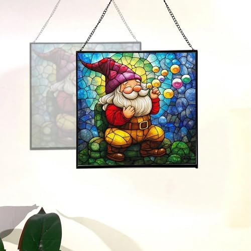 Bubble Blowing Gnome Stained Glass Suncatcher – Square Hanging Window Panel for Home or Greenhouse – Whimsical Glass Art Gift for Garden Lovers, Christmas, Halloween, Father Days 0xWaVs - Image 4