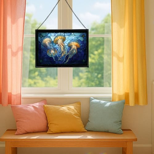 Jellyfish Floating in Moonlit Waters Rectangular Stained Glass Suncatcher – Hanging Window Panel with Animal & Nature Scene – Vibrant Glass Art Gift for Wildlife, Fantasy, Nature Lovers C8fTo1 - Image 5