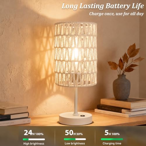 Boho Cordless Outdoor Table Lamps, Rechargeable Battery Operated Rattan Table Lamps, Stepless Dimmable, for Covered Patio, Porch, Gazebo, Living Room, Bedroom Decor- Set of 2 (Ivory White) - Image 3