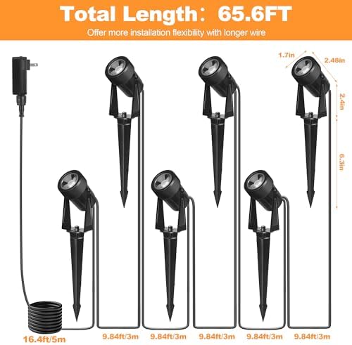 Outdoor Landscape lighting Low Voltage, 65.6FT Wired LED Spot light with Plug-in Transformer, IP65 Waterproof Outside Uplight 18W 1800LM for Yard Garden Tree Pathway House, Warm White 3000K, Pack of 6 - Image 7