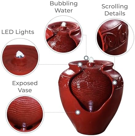 Teamson Home Outdoor Pot Fountain with LED Lights and Pump, Floor Water Fountain for Patio, Garden, Backyard, Decking Home Décor, 16.93 Inch Height, Red - Image 4