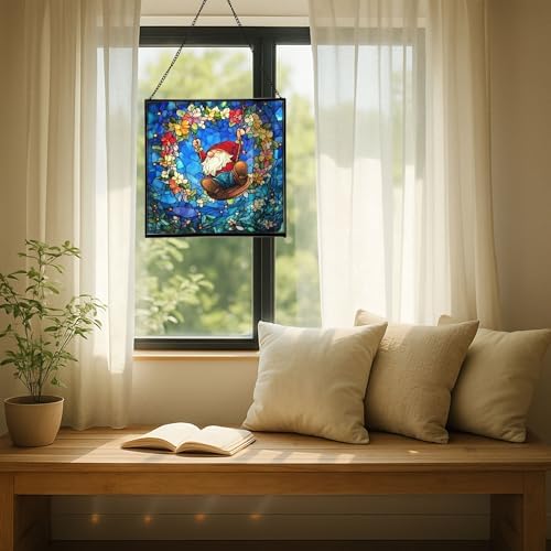 Wreath Swing Gnome Stained Glass Suncatcher – Square Hanging Window Panel for Home or Greenhouse – Whimsical Glass Art Gift for Garden Lovers, Christmas, Halloween, Father Days bAVpEF - Image 7