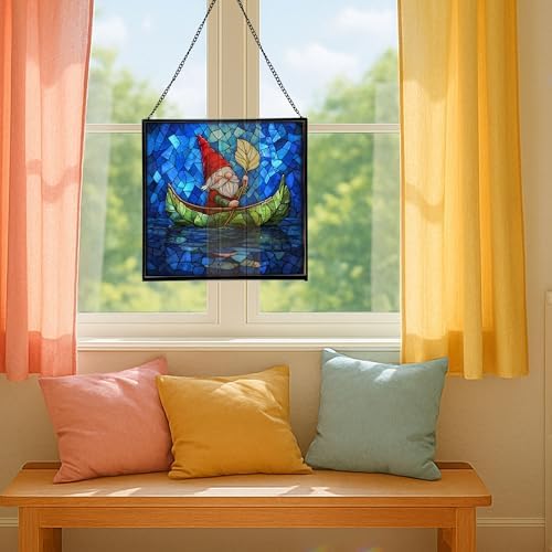 Gnome Canoe Ride Stained Glass Suncatcher – Square Hanging Window Panel for Home or Greenhouse – Whimsical Glass Art Gift for Garden Lovers, Christmas, Halloween, Father Days WaScGY - Image 5