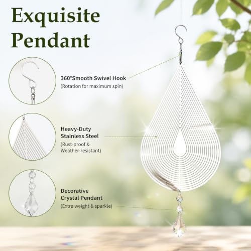 4 PCS 19" 3D Hanging Wind Spinners Water Droplets Stainless Steel Double Sided Hanging Decor for Outdoor and Gardens, Bird Devices Deterrent to Scare Birds Away from Yard Patio Farm - Image 3